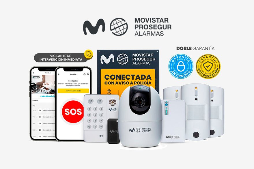 Kit completo de la Alarma Avanzada de Movistar Prosegur Alarmas: cámara, placa, sensores y app